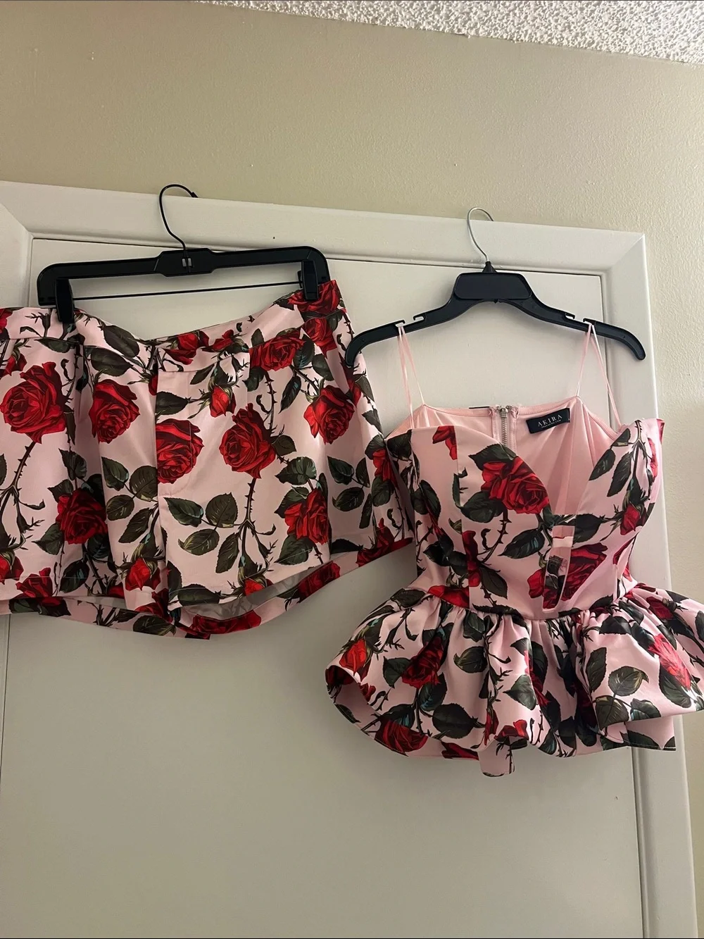 AKIRA Pink and Red Rose Print Peplum Bustier with Matching Skirt - Picture 4 of 7